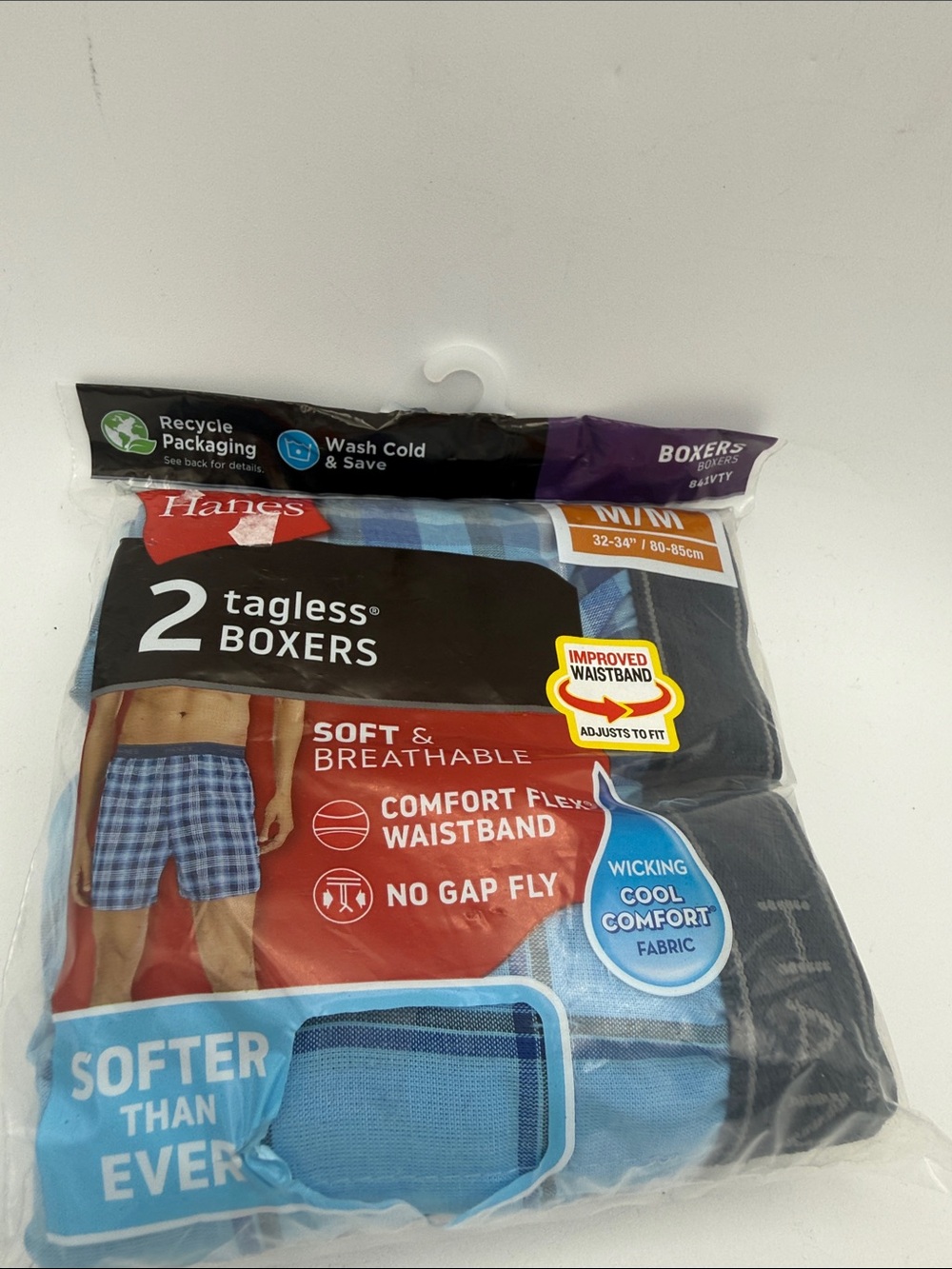 Hanes 2-Pack Tagless Boxers cool wicking flex waistband sz M 32-34 blue plaid